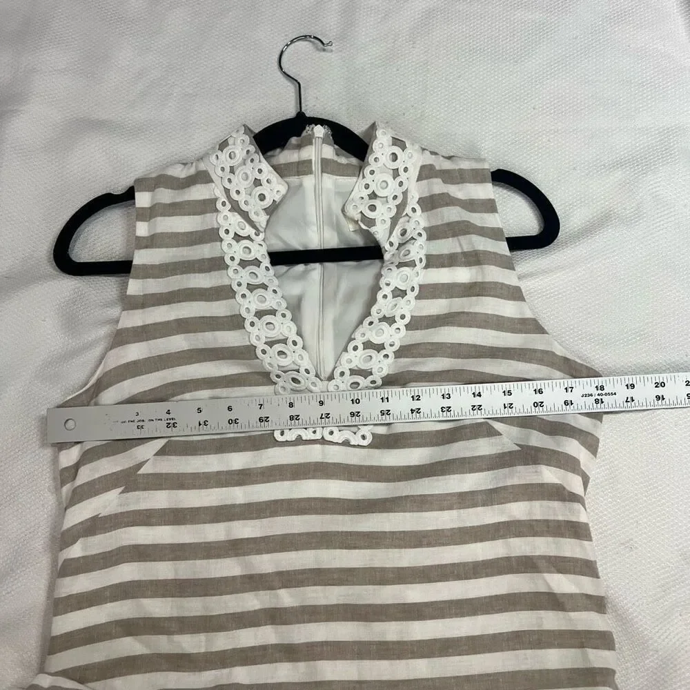 Eliza J Tan White Striped Detailed Hem Linen Cotton Blend Shift Dress Sz 6 Women - Picture 6 of 8